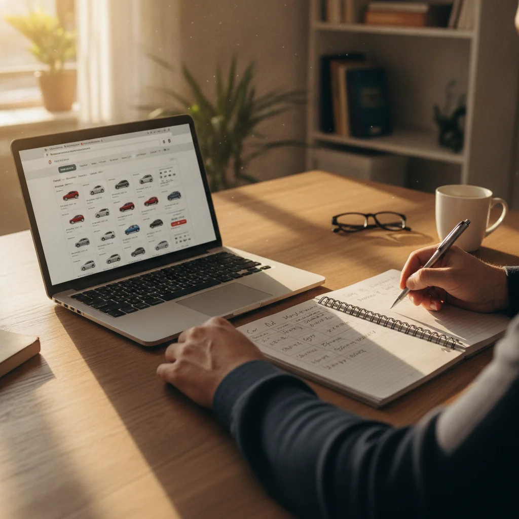 A desk with a laptop showing car pricing data and a handwritten comparison chart of valuation numbers