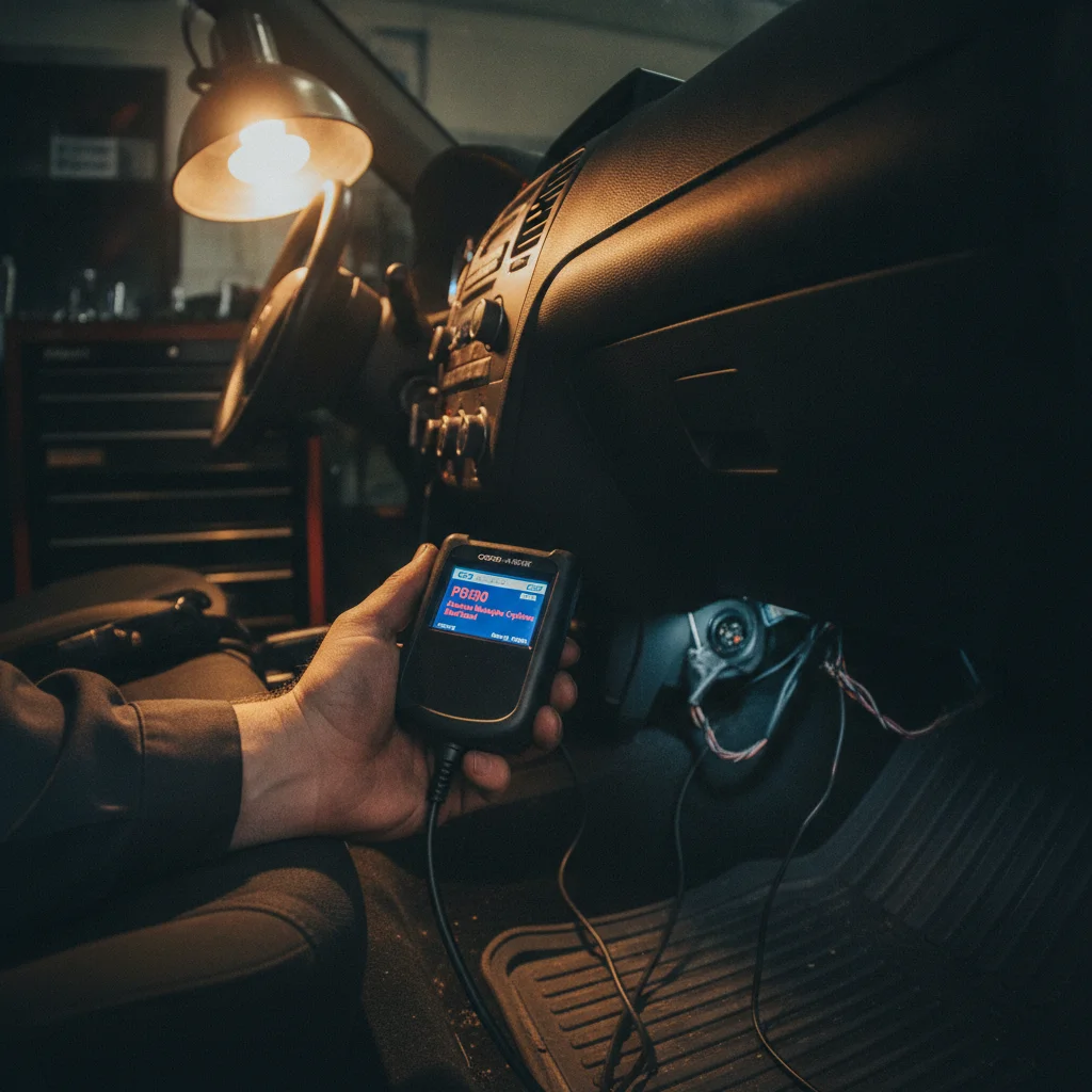 Hand holding an OBD-II scanner showing a diagnostic trouble code plugged into a car dashboard port
