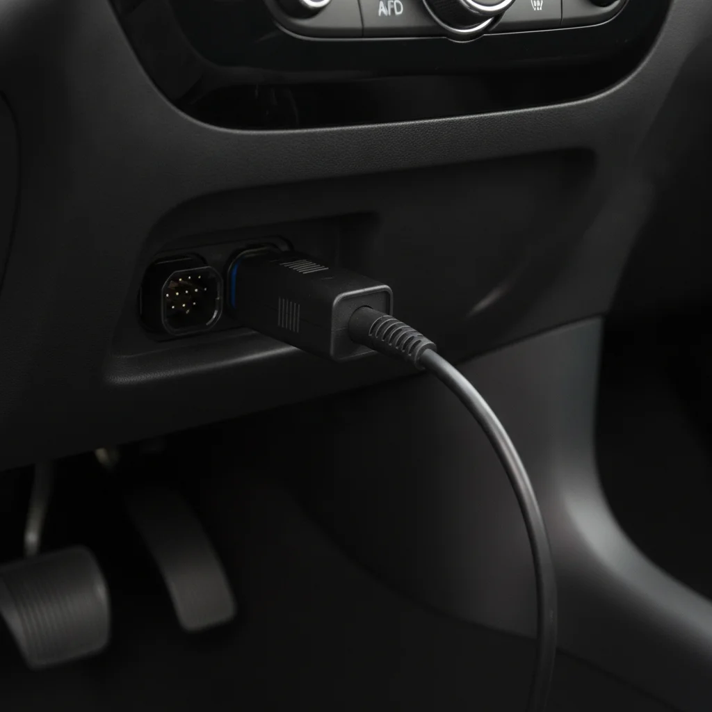 OBD-II diagnostic port under the steering column of a car with a scanner cable plugged in