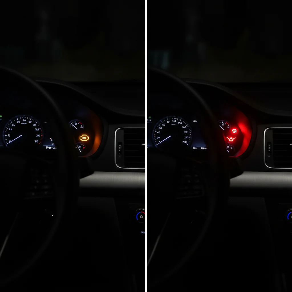 Car dashboard showing both amber check engine light and red oil pressure warning light illuminated simultaneously