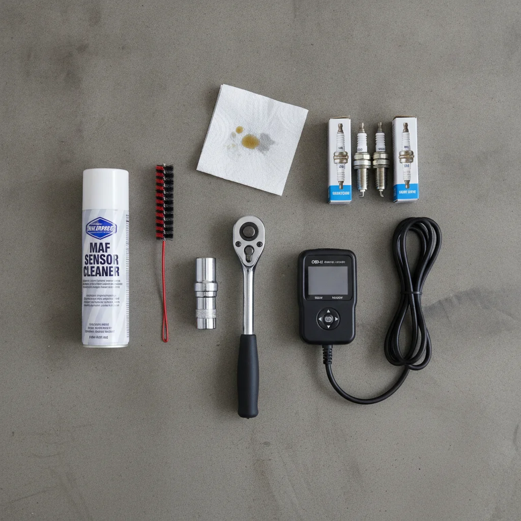 DIY car repair tools including spark plugs, OBD-II scanner, and MAF sensor cleaner laid out on garage floor