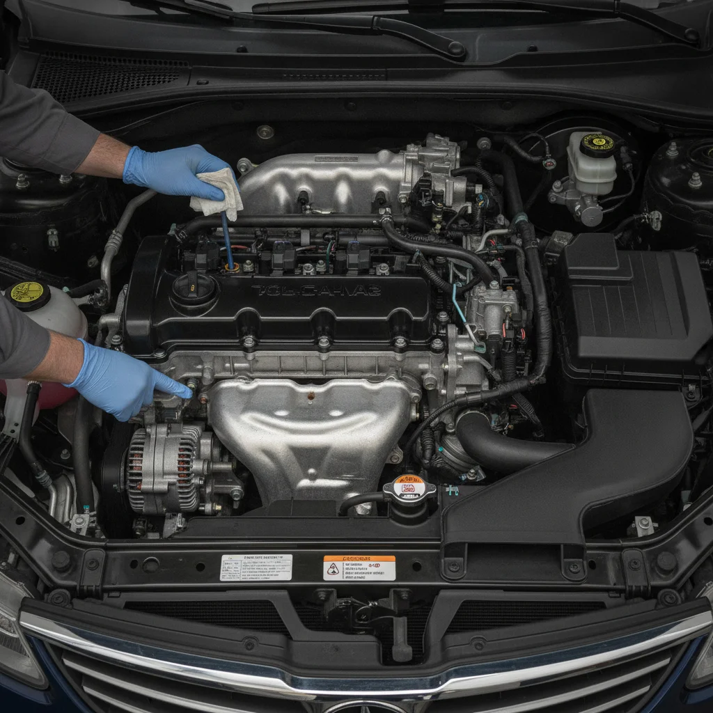 Mechanic's gloved hand inspecting engine bay fluid reservoir levels during routine maintenance check