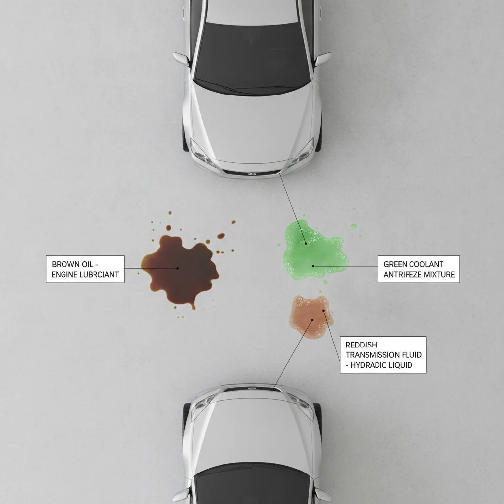 Color-coded vehicle fluid stains on garage floor showing oil, coolant, and transmission fluid puddles