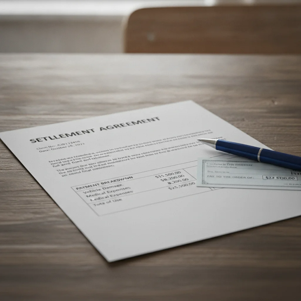 Auto insurance settlement document and check on a desk, representing claims payout review