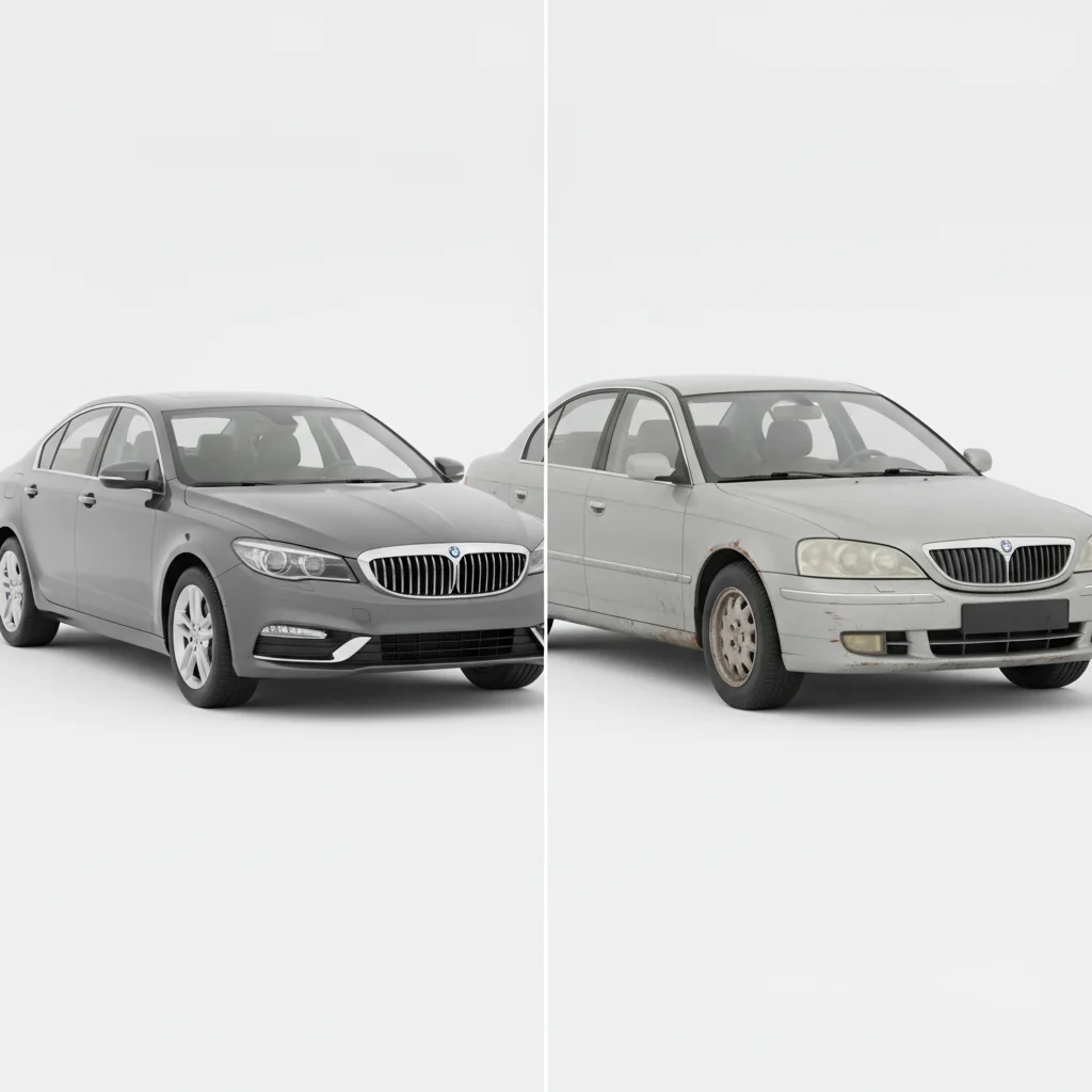New car versus older depreciated version of the same model shown side by side to illustrate value loss