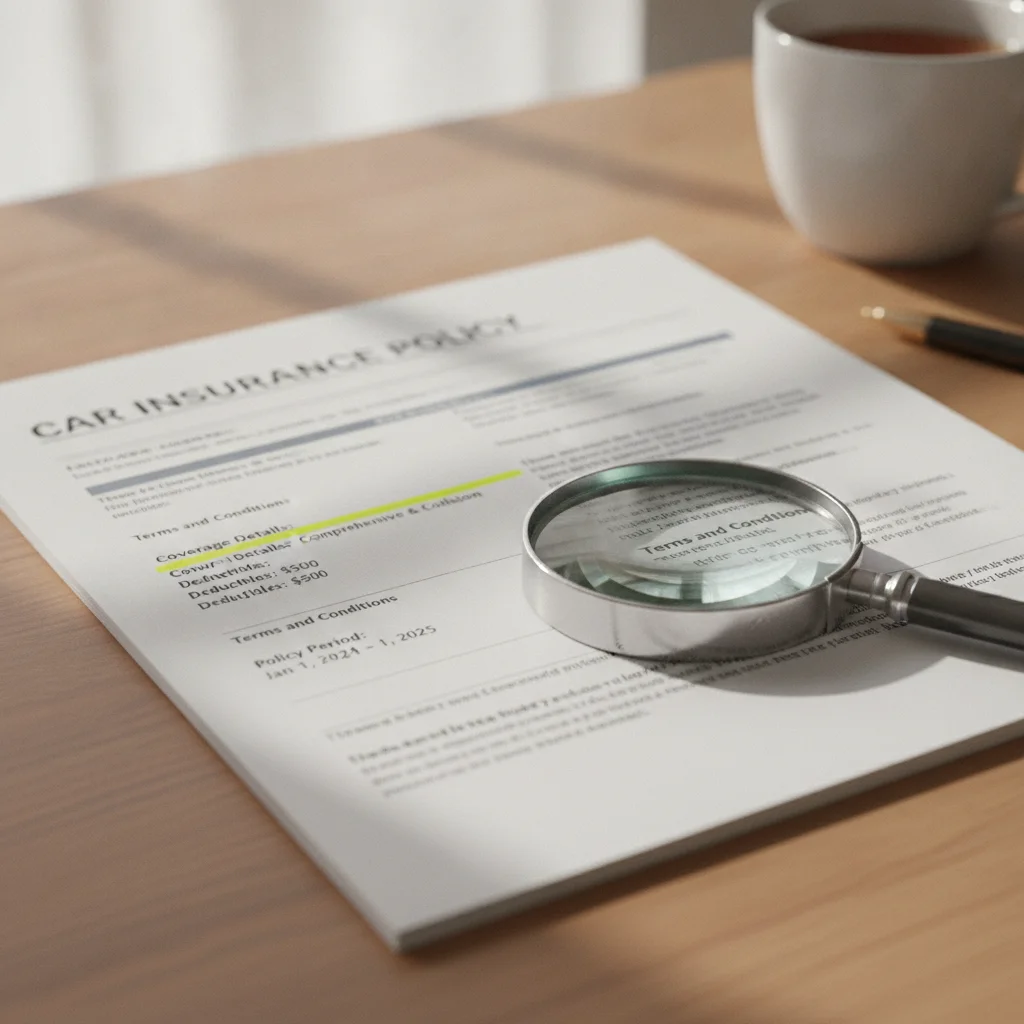 Open auto insurance policy document with highlighted sections and a magnifying glass on a table