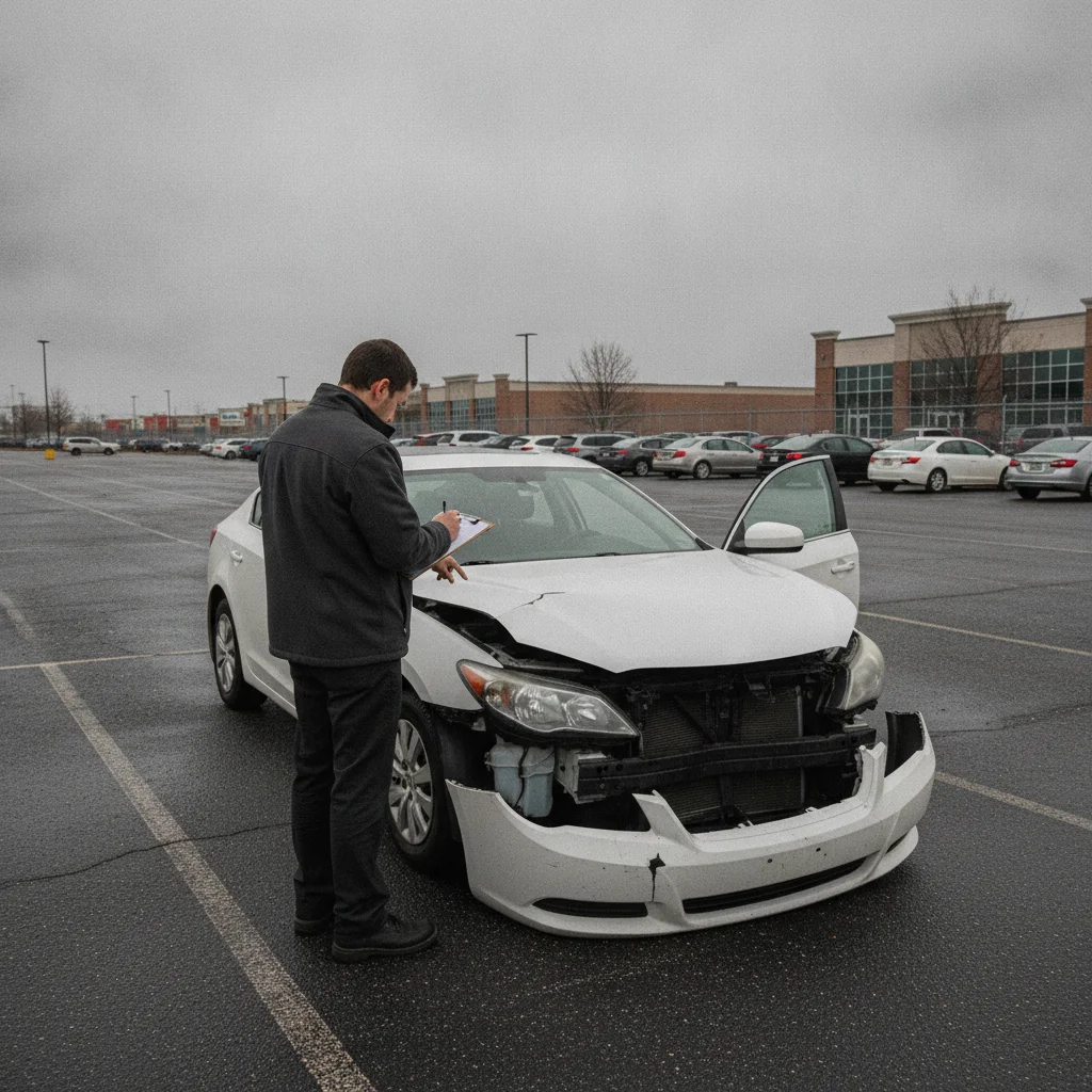 Insurance adjuster inspecting a damaged vehicle in a parking lot and taking notes on a clipboard