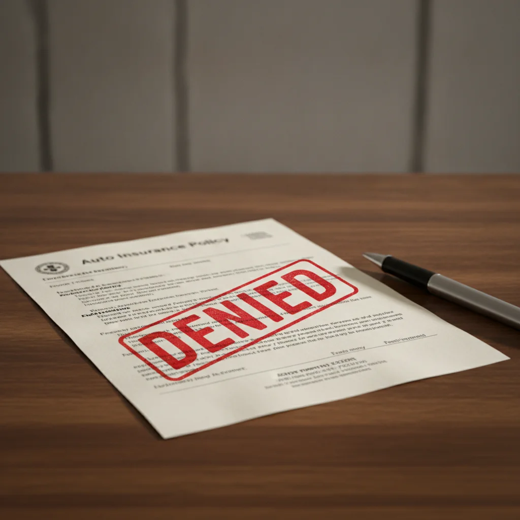An auto insurance claim document stamped with a red denied notice on a desk
