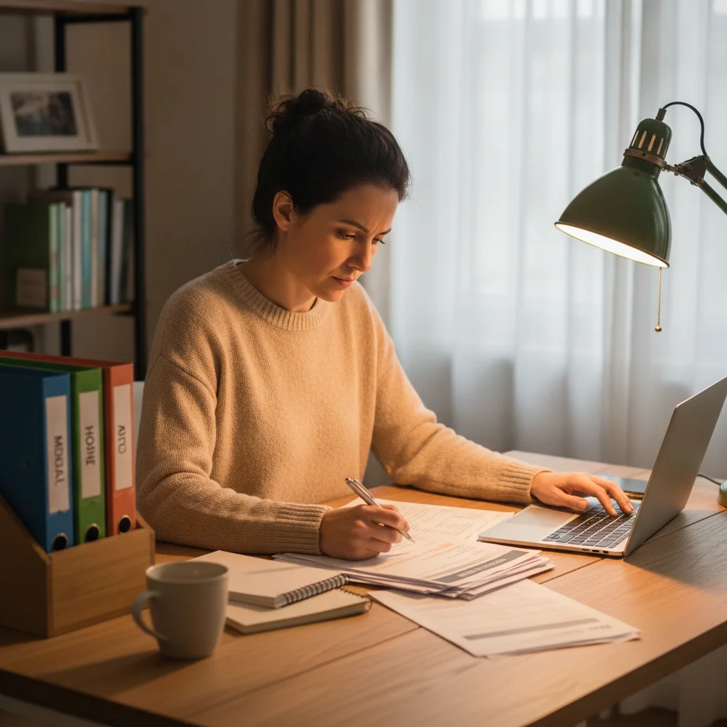 Person reviewing insurance denial paperwork at a home office desk while typing an appeal letter on a laptop