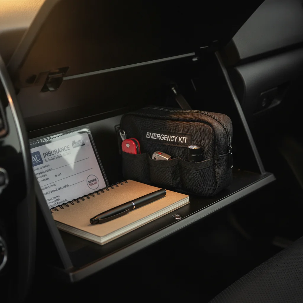 Open car glove compartment showing an organized emergency kit with insurance card, pen, and notepad