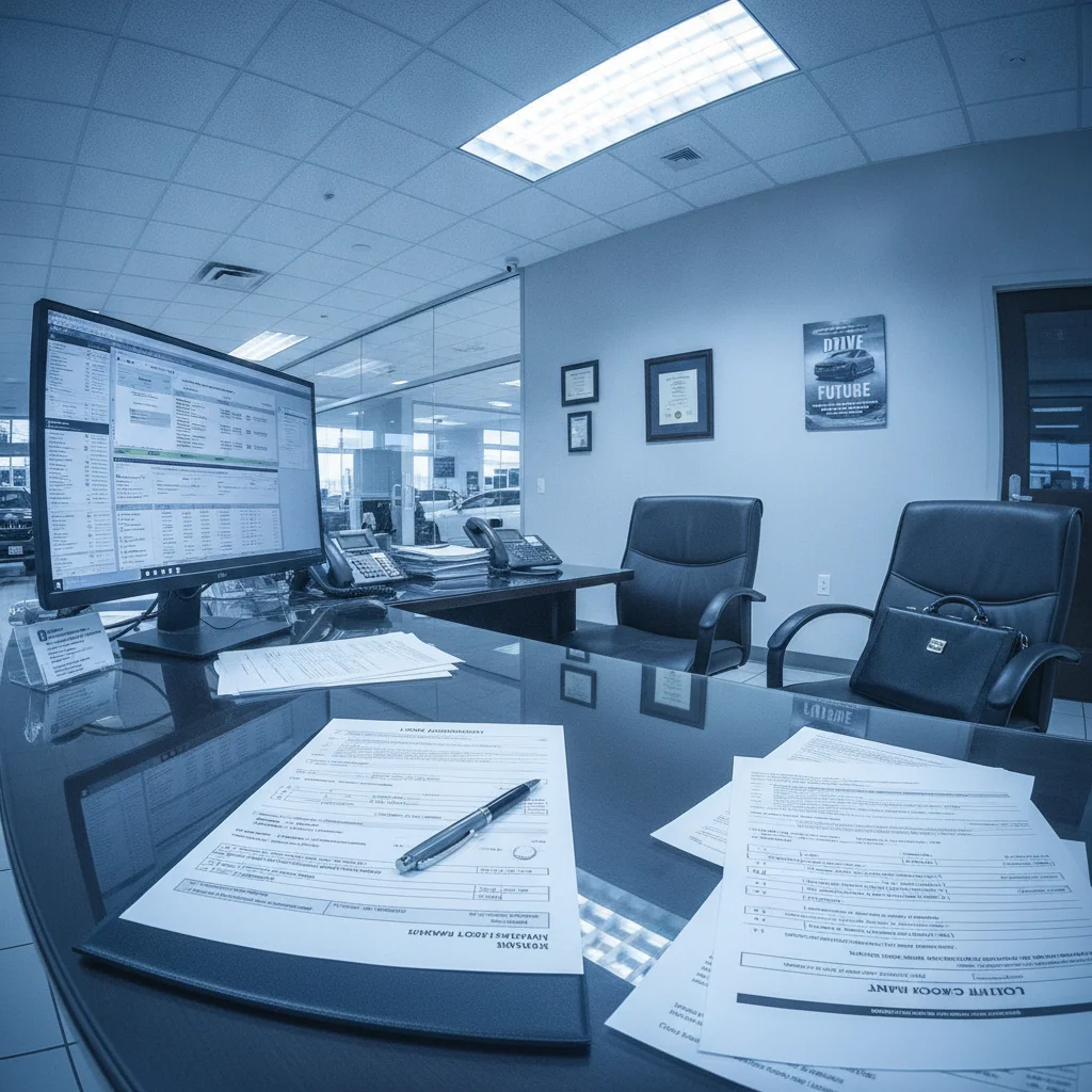 Car dealership finance office with loan documents and a computer showing financial data