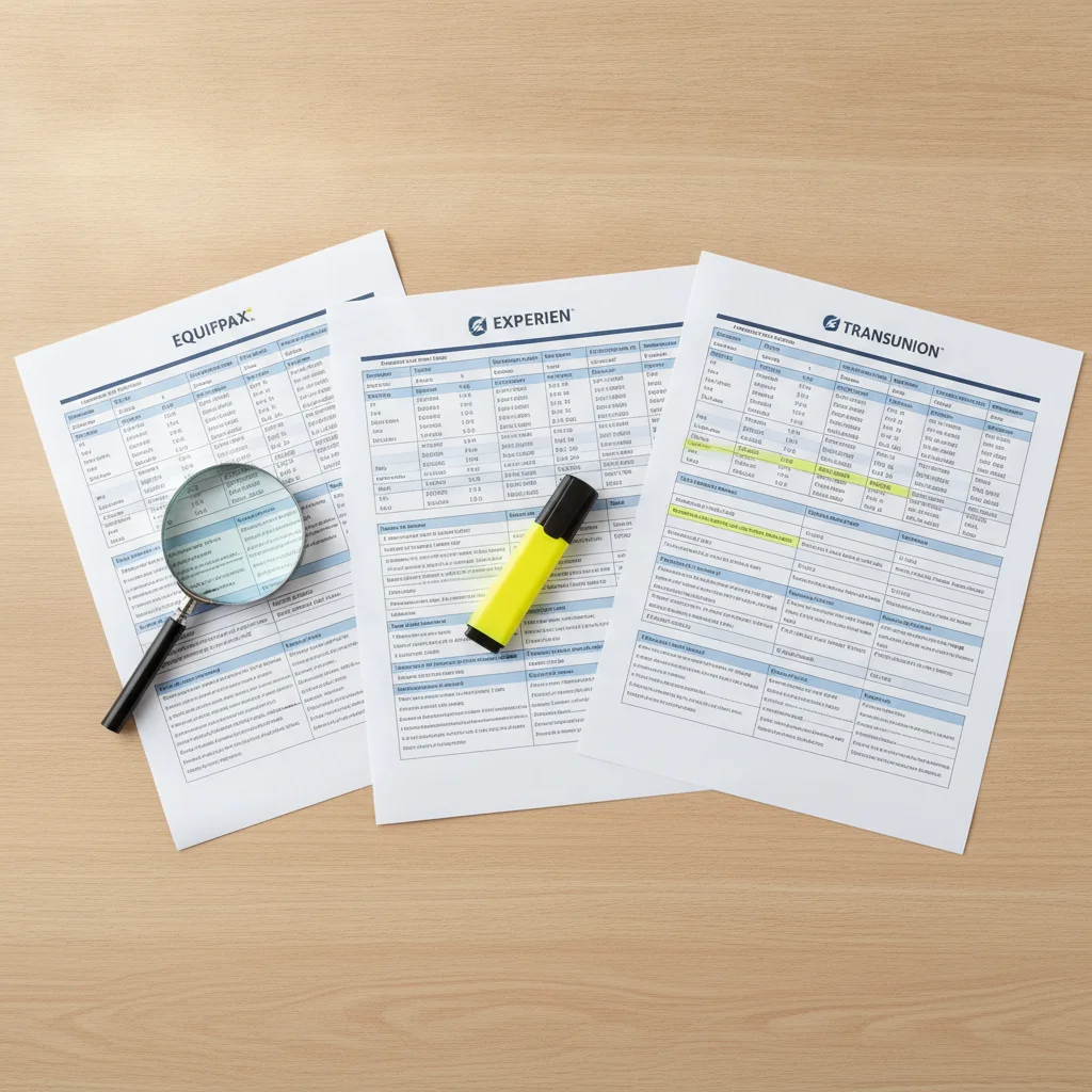 Three credit bureau reports from Equifax, Experian, and TransUnion laid side by side with a magnifying glass