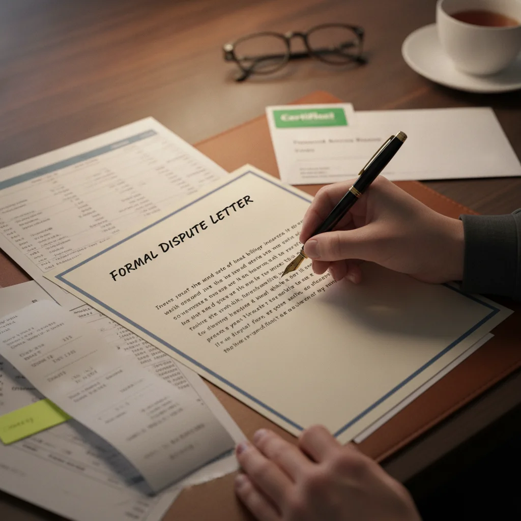 Person writing a credit dispute letter by hand with supporting financial documents nearby