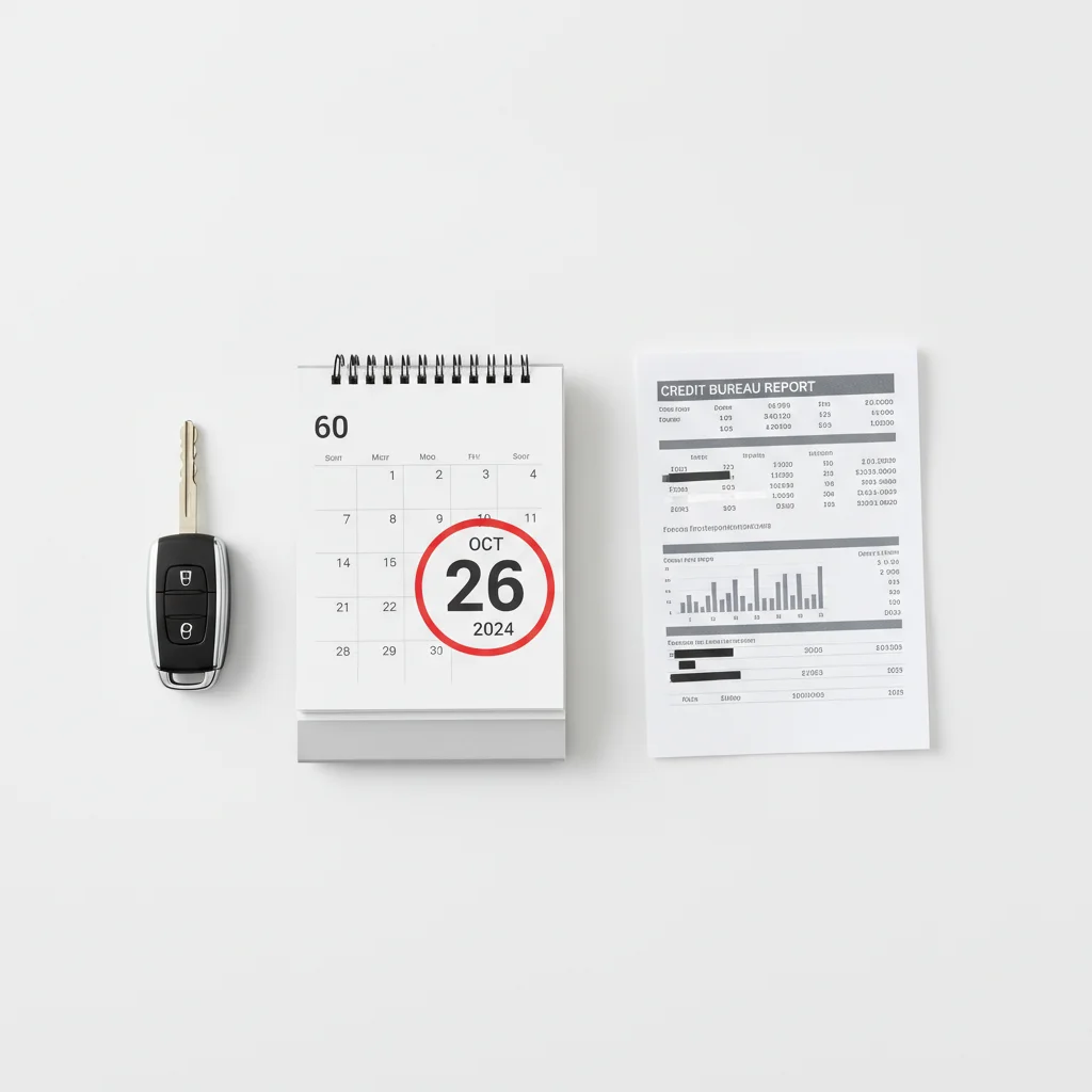 Calendar circled 60 days out, next to a car key and printed credit report, representing loan application timing