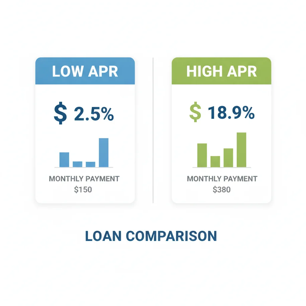 Infographic comparing low APR and high APR auto loan summaries with total cost differences