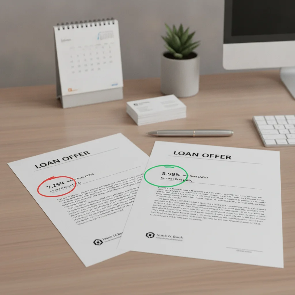 Two printed auto loan offers on a desk with different APR figures circled for comparison