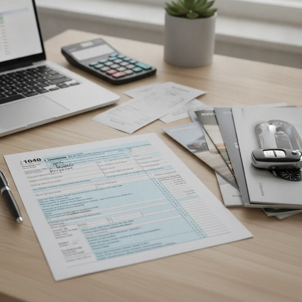 IRS tax forms placed beside electric vehicle brochures and a car key fob on a desk