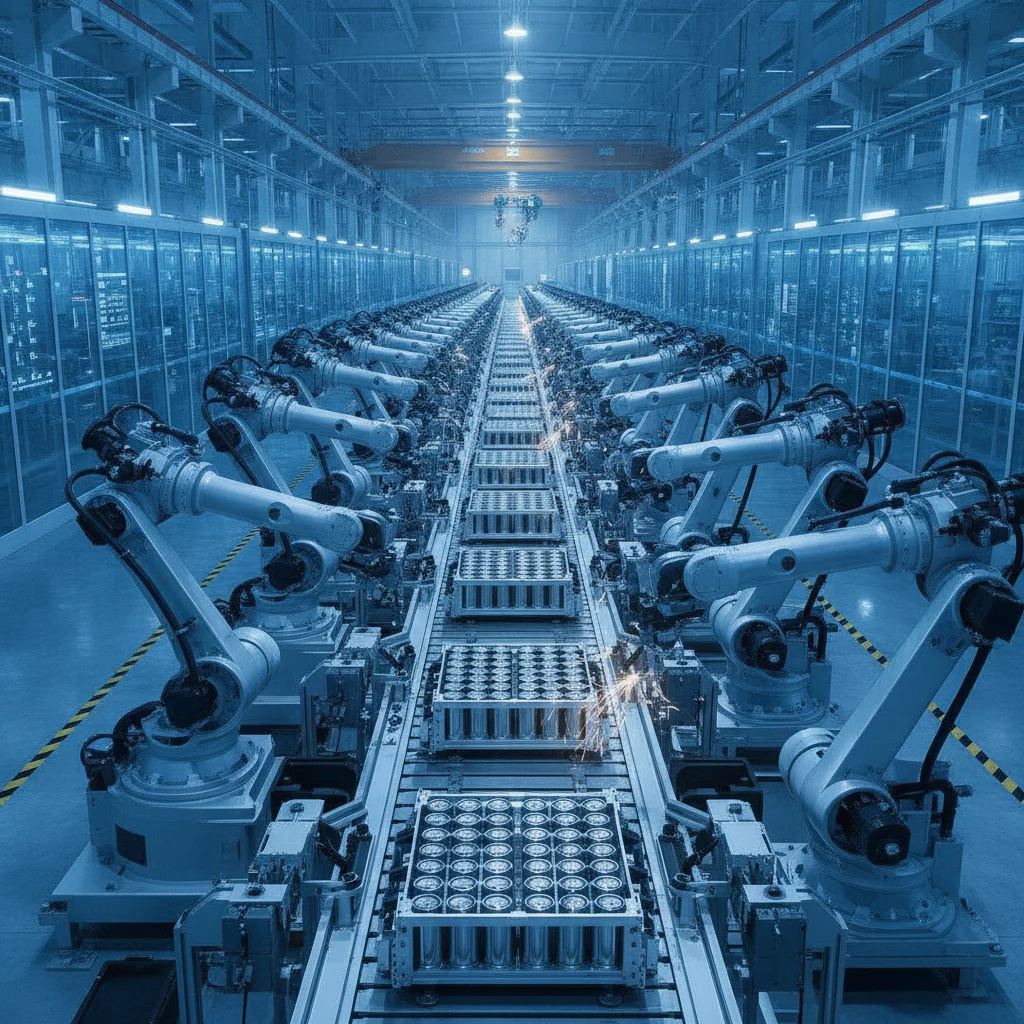 Automated EV battery cell manufacturing assembly line in a modern industrial facility