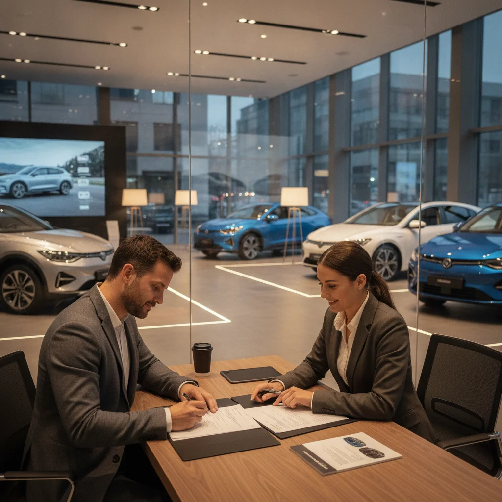 Car buyer signing EV purchase agreement at a dealership desk with sales representative