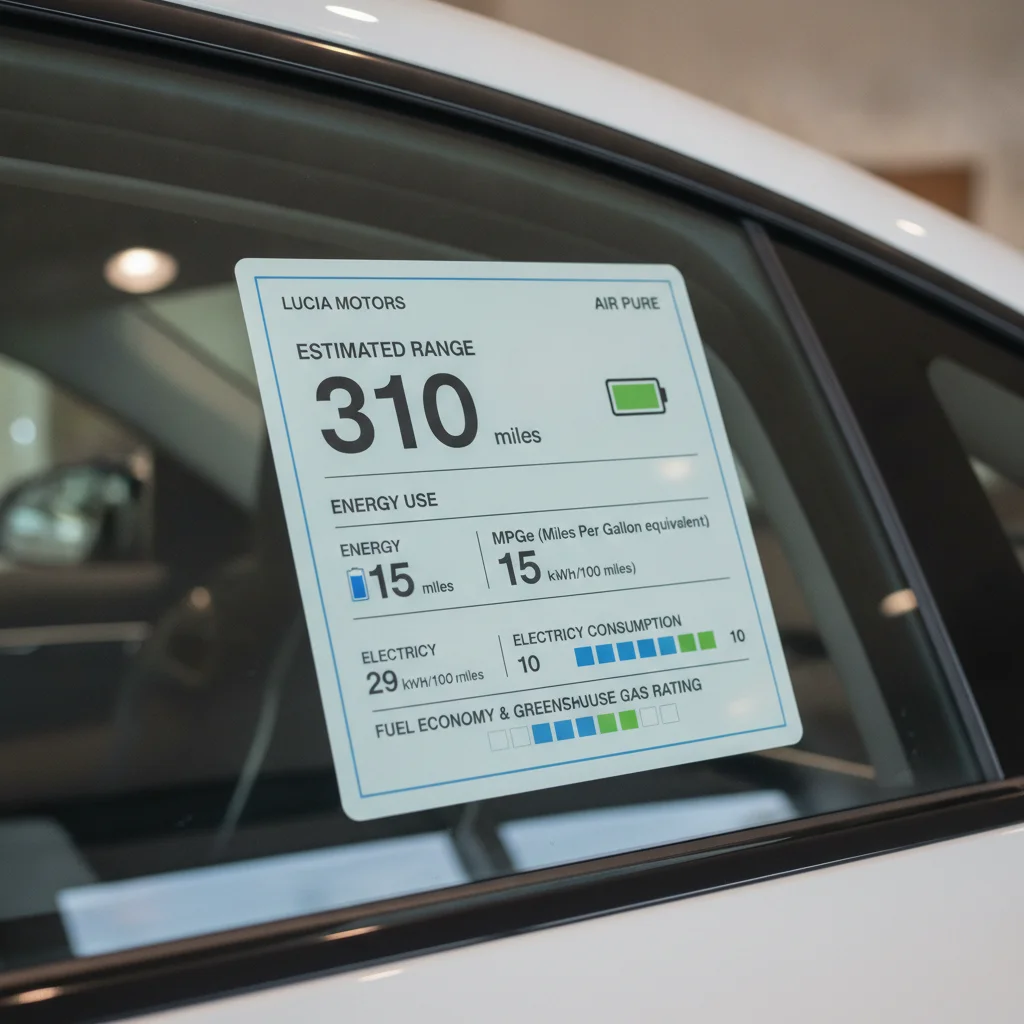 EPA window sticker on an electric vehicle displaying estimated driving range and energy consumption figures