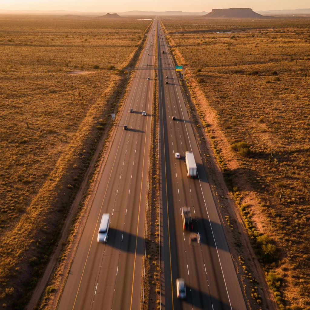 Aerial view of an electric vehicle traveling at high speed on a wide American interstate highway