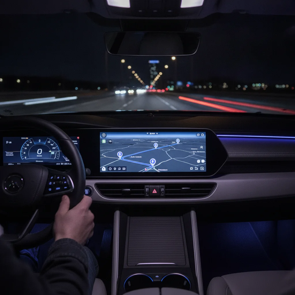EV driver using a navigation app on the center touchscreen to plan a route with charging stops