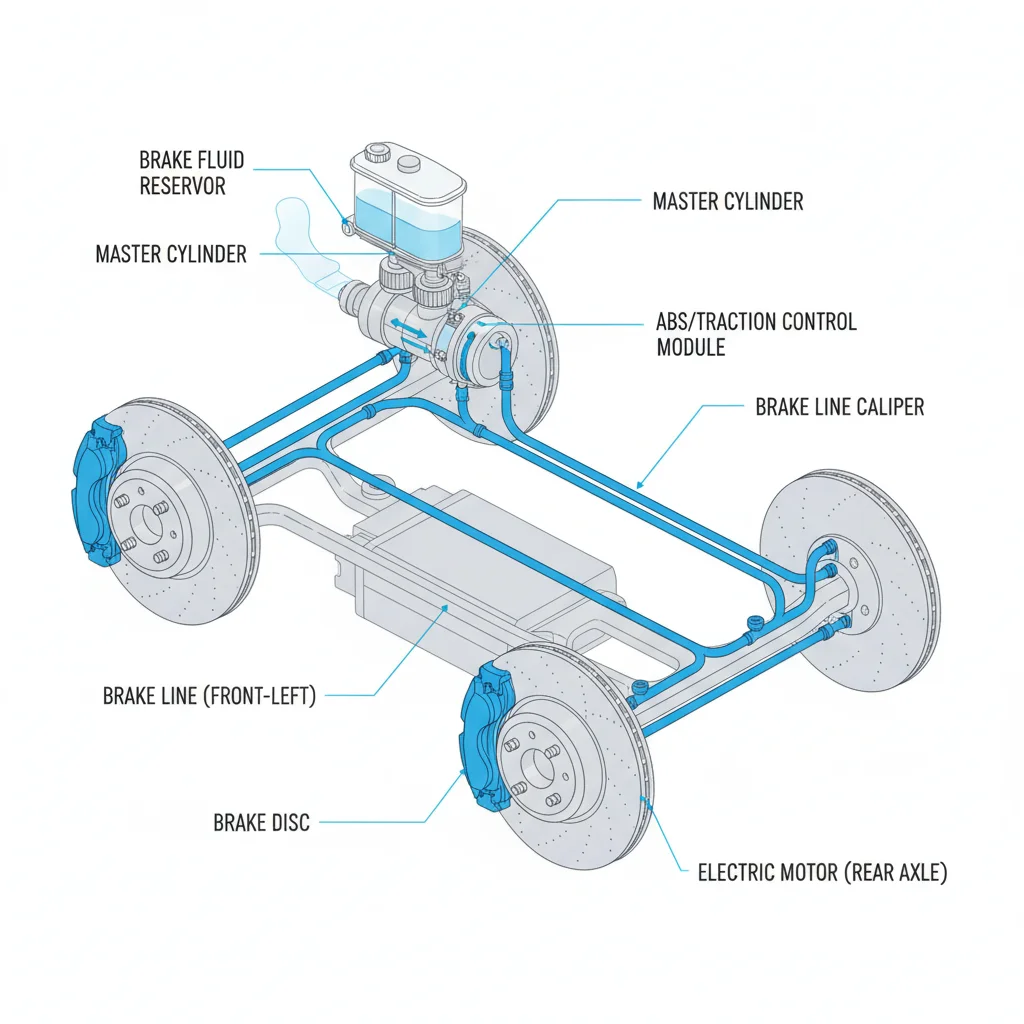 Diagram of an electric vehicle's hydraulic brake system showing fluid reservoir brake lines and calipers