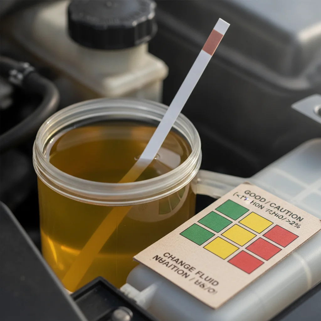 Brake fluid test strip being dipped into reservoir with color comparison chart nearby