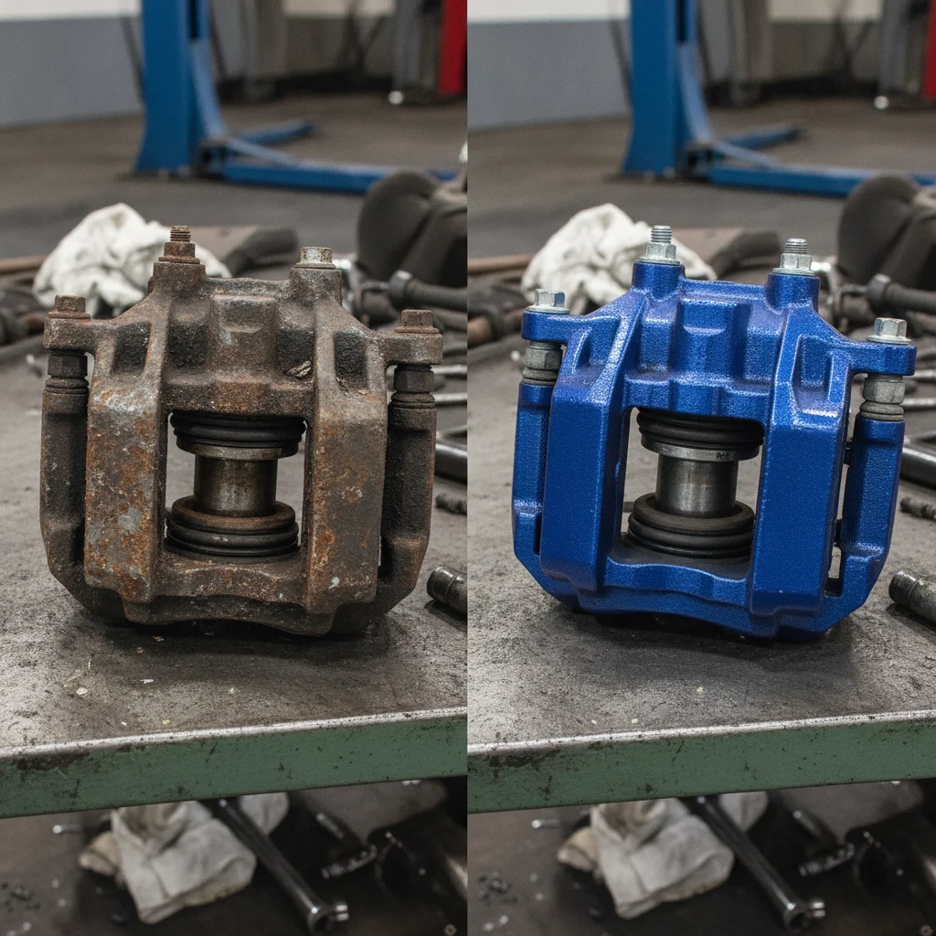 Comparison of a corroded seized EV brake caliper beside a clean well-maintained caliper