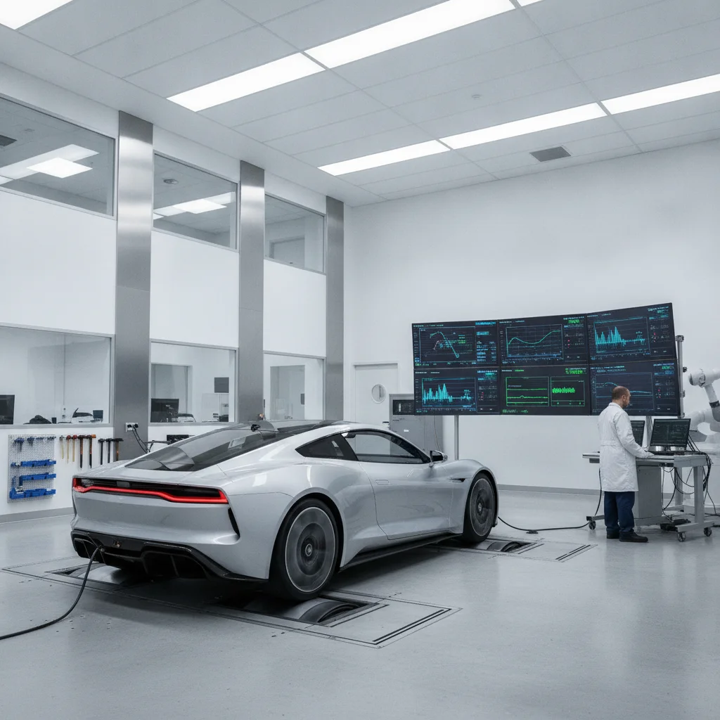 Electric vehicle undergoing EPA range testing on a dynamometer inside a laboratory facility