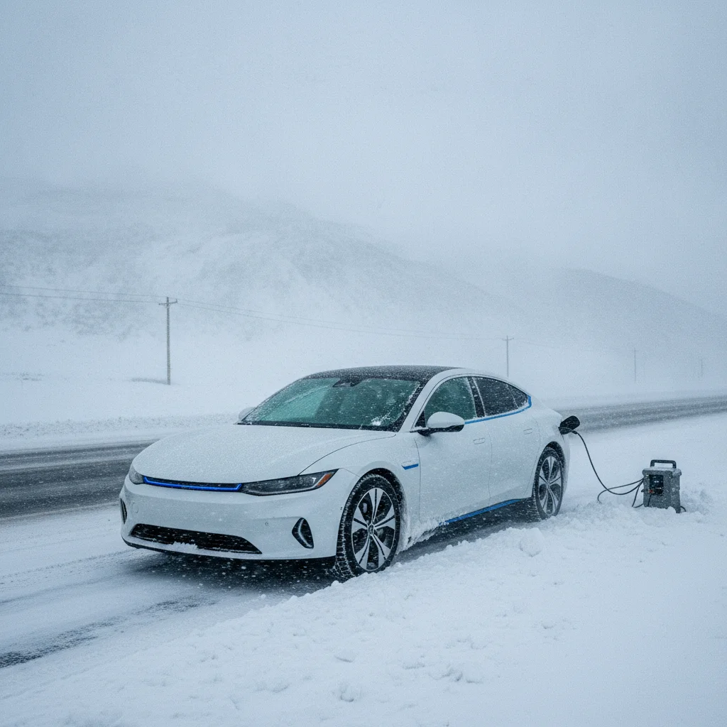 Electric vehicle parked on snowy highway shoulder in heavy winter conditions with frosted windows