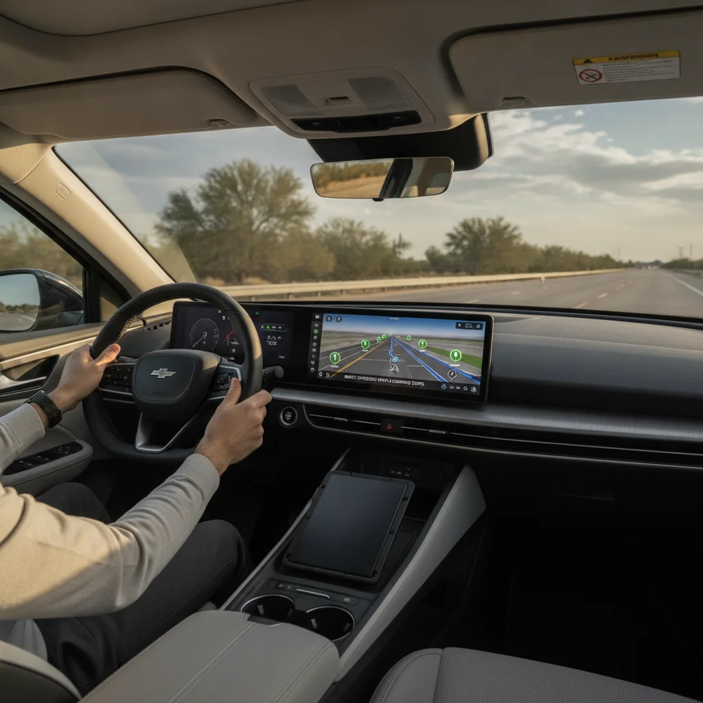 EV infotainment screen showing route plan with charging stops mapped along a highway