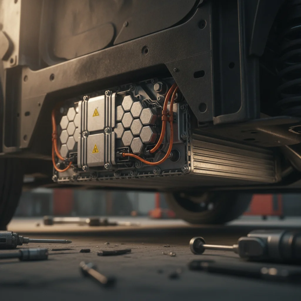 Close-up view of an electric vehicle battery pack beneath the vehicle floor in a workshop setting