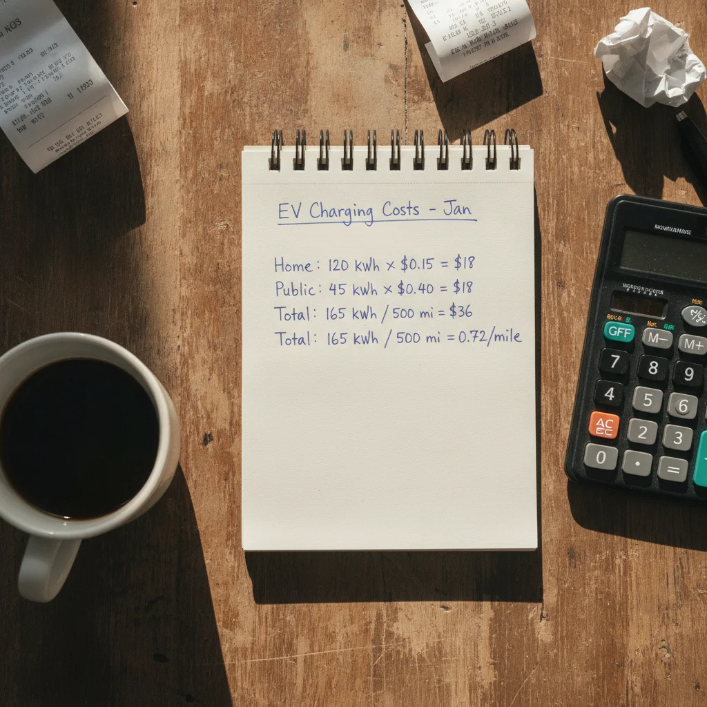 Handwritten EV charging cost calculations on notepad beside calculator and coffee on wooden desk
