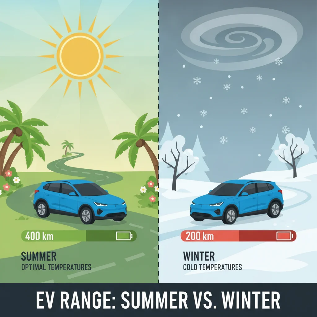 Side-by-side illustration of EV driving in summer heat versus winter snow showing range contrast