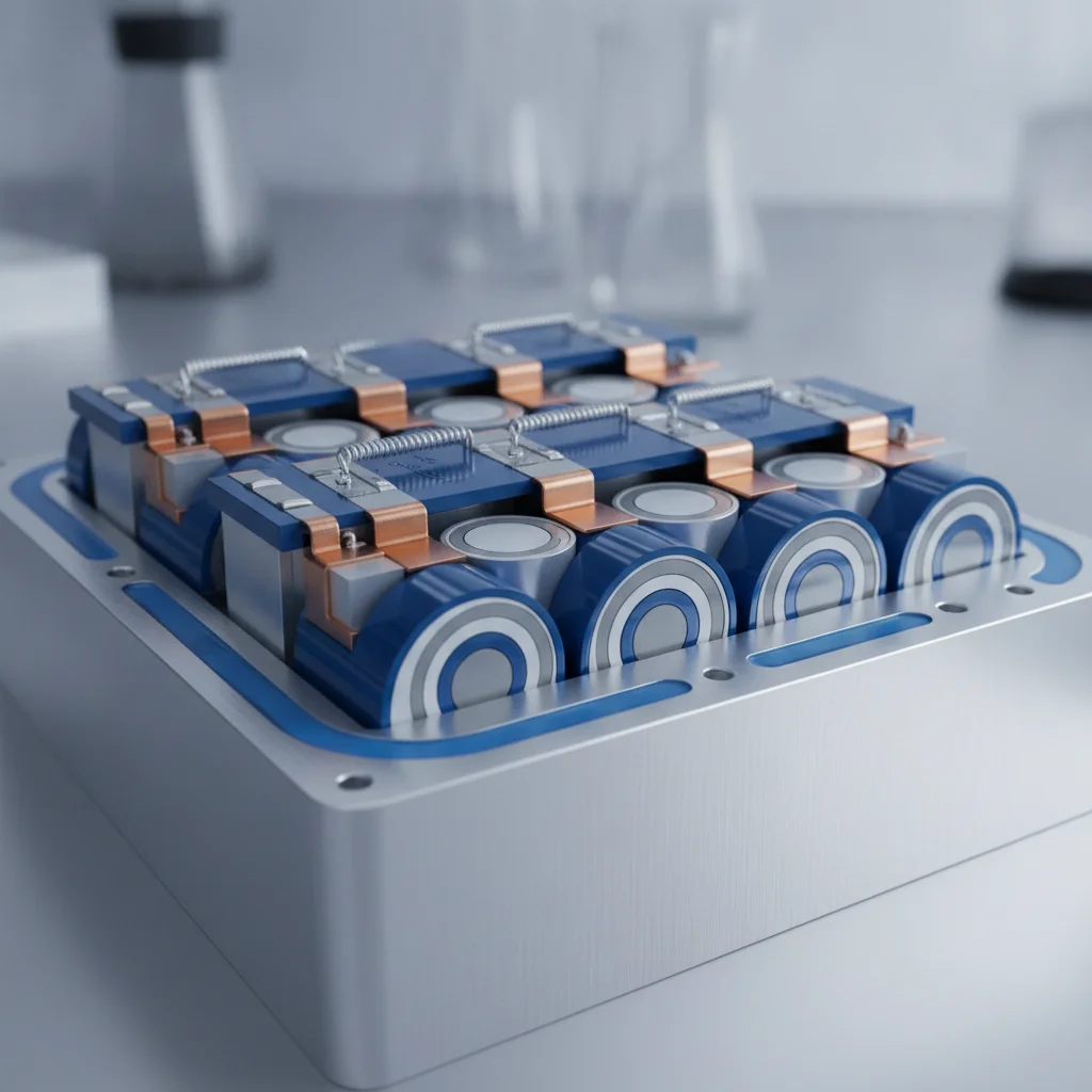 Close-up of EV battery module cells showing internal structure in blue and silver tones