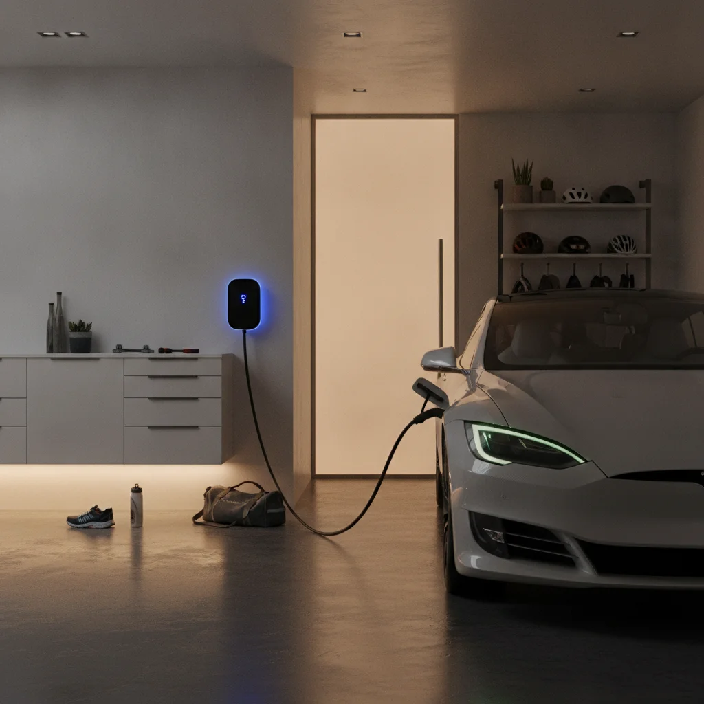 Electric vehicle plugged into Level 2 home wall charger in modern garage at night