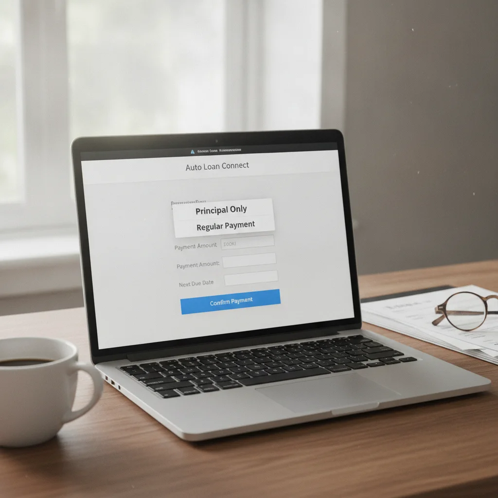 Laptop screen showing an auto loan payment portal with a principal-only payment option visible in a dropdown