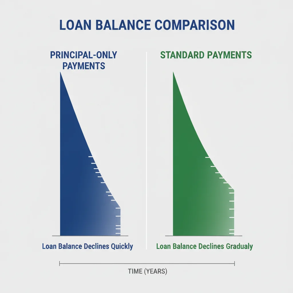 Side-by-side bar chart comparing loan balance reduction with principal-only payments versus standard extra payments