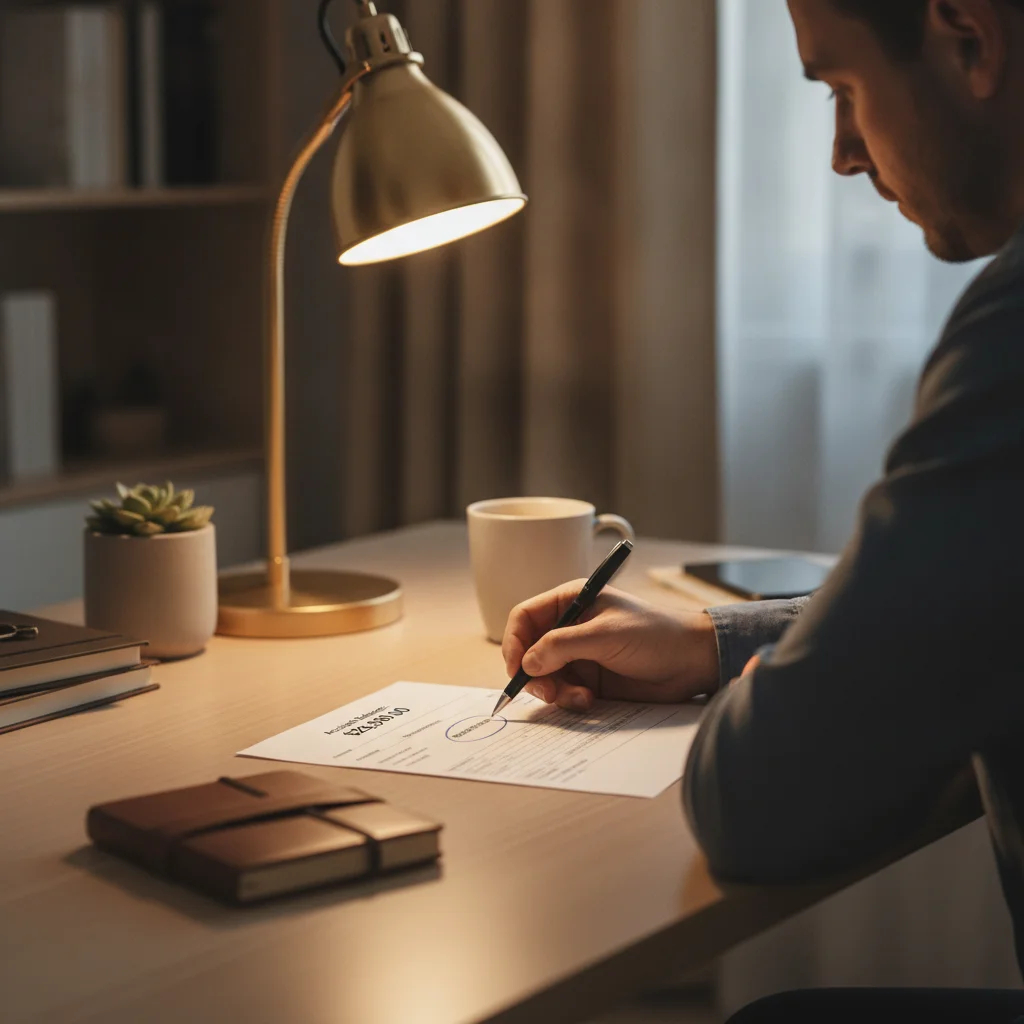 A person reviewing and annotating a printed auto loan statement at a home desk, circling the principal balance