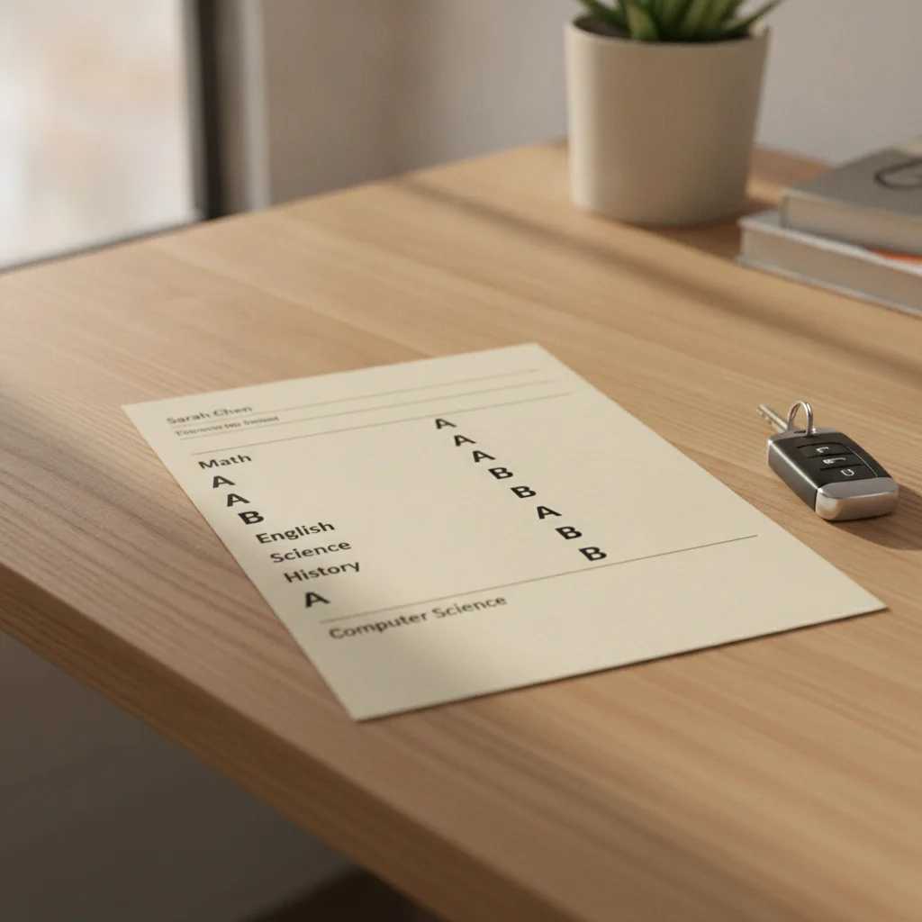 Report card showing good grades placed next to a set of car keys on a desk