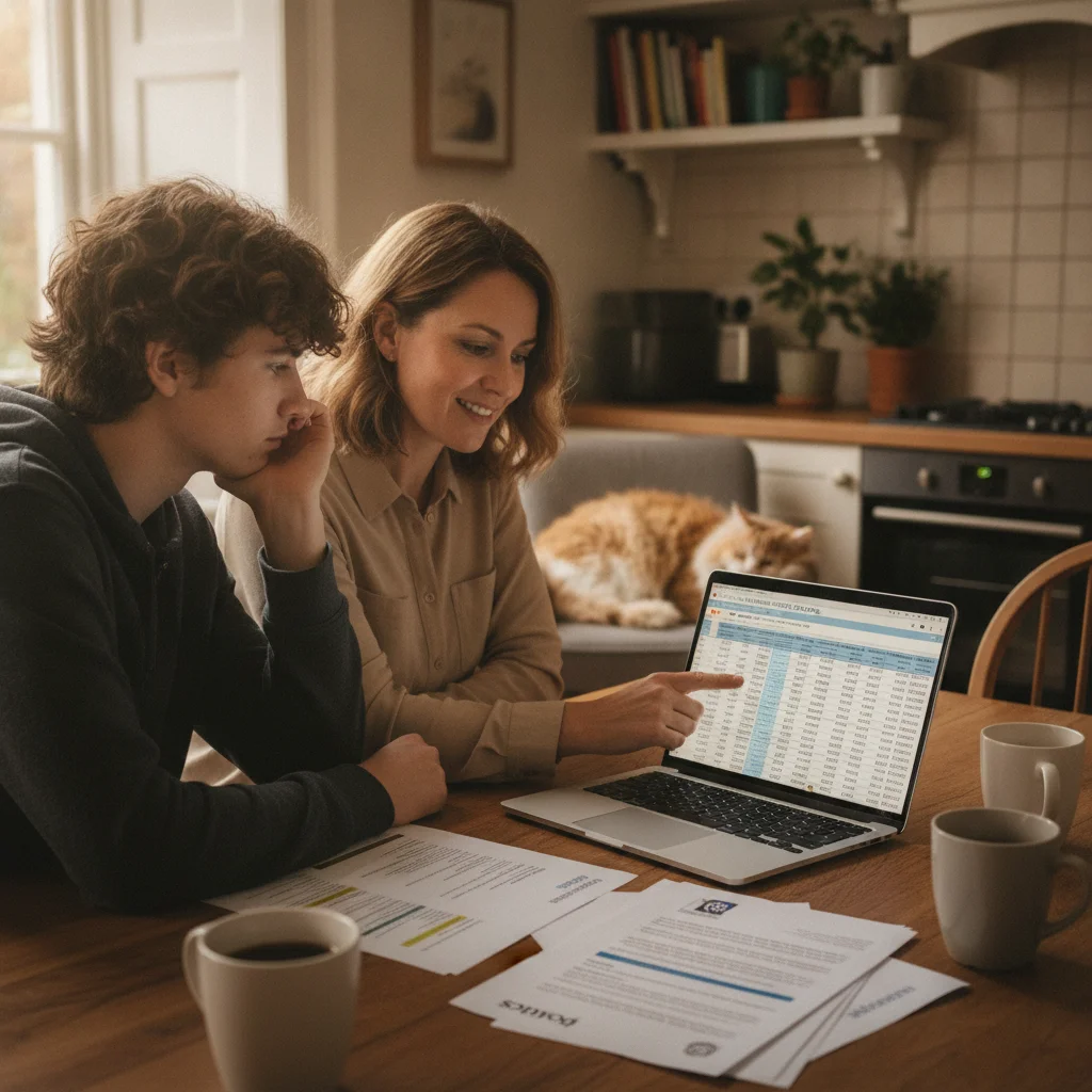Parent and teen reviewing insurance policy documents together on a laptop at a kitchen table
