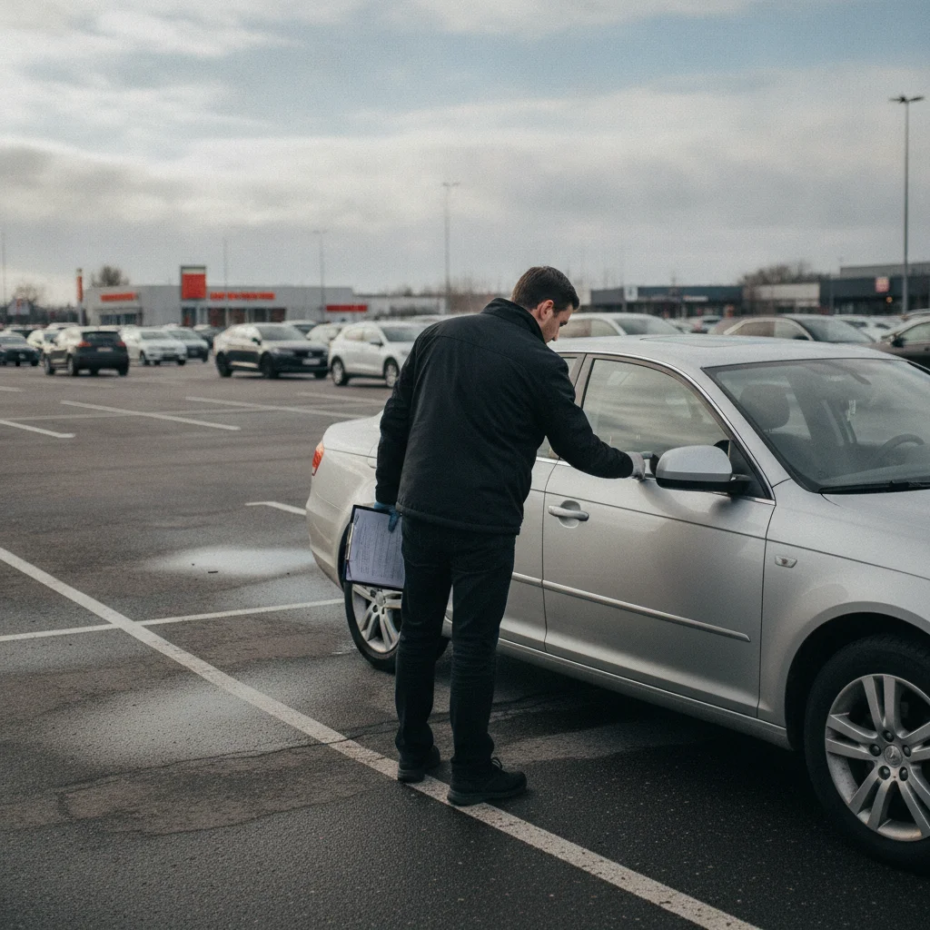 Vehicle appraiser inspecting a car exterior in a parking lot with a clipboard during an instant offer inspection