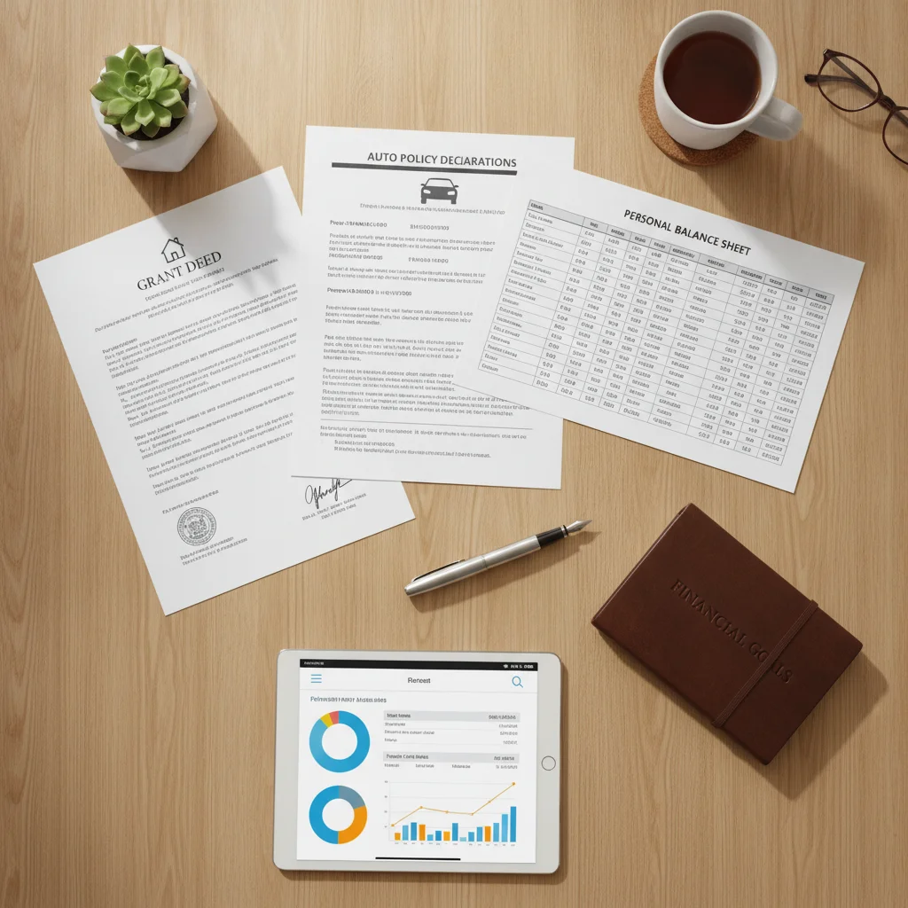 Insurance declarations page alongside home equity documents and a personal net worth balance sheet on a desk
