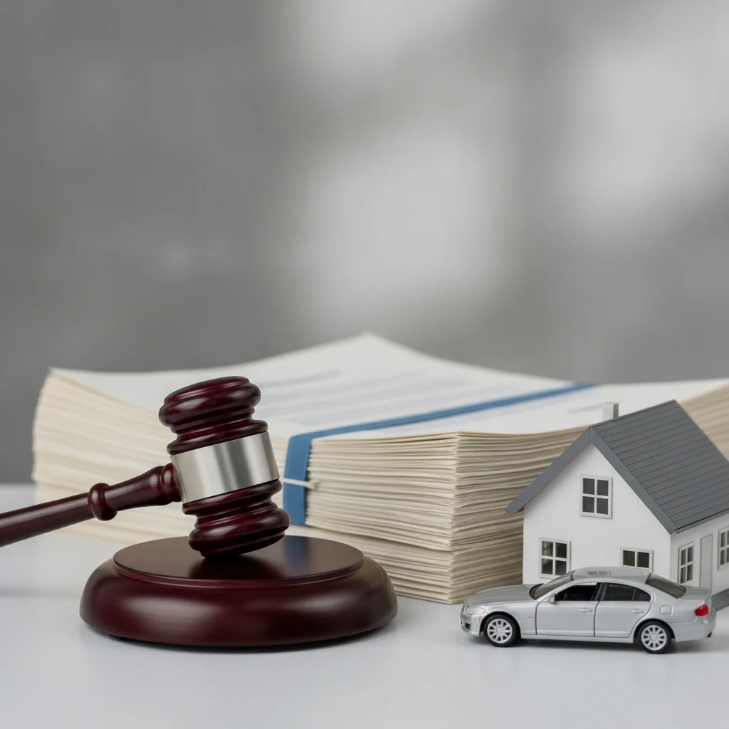 A courtroom gavel beside legal documents, a model house, and a model car representing liability judgment and asset exposure