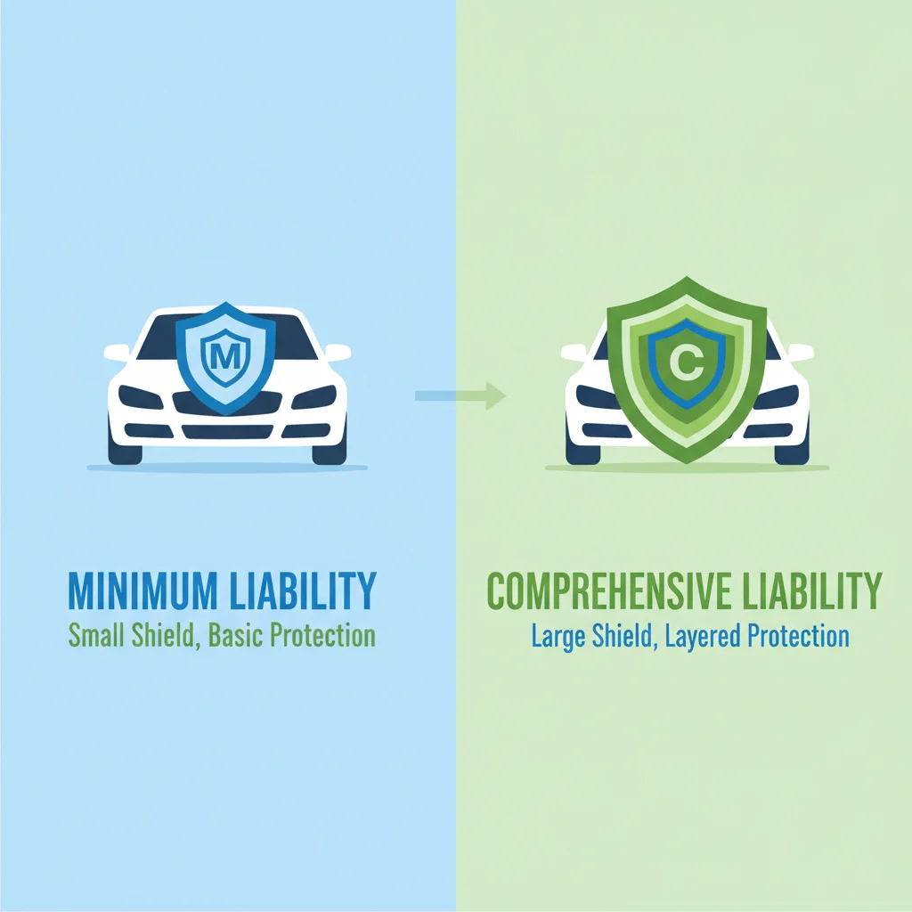 Split-screen comparison of minimal versus comprehensive liability protection shields around a vehicle