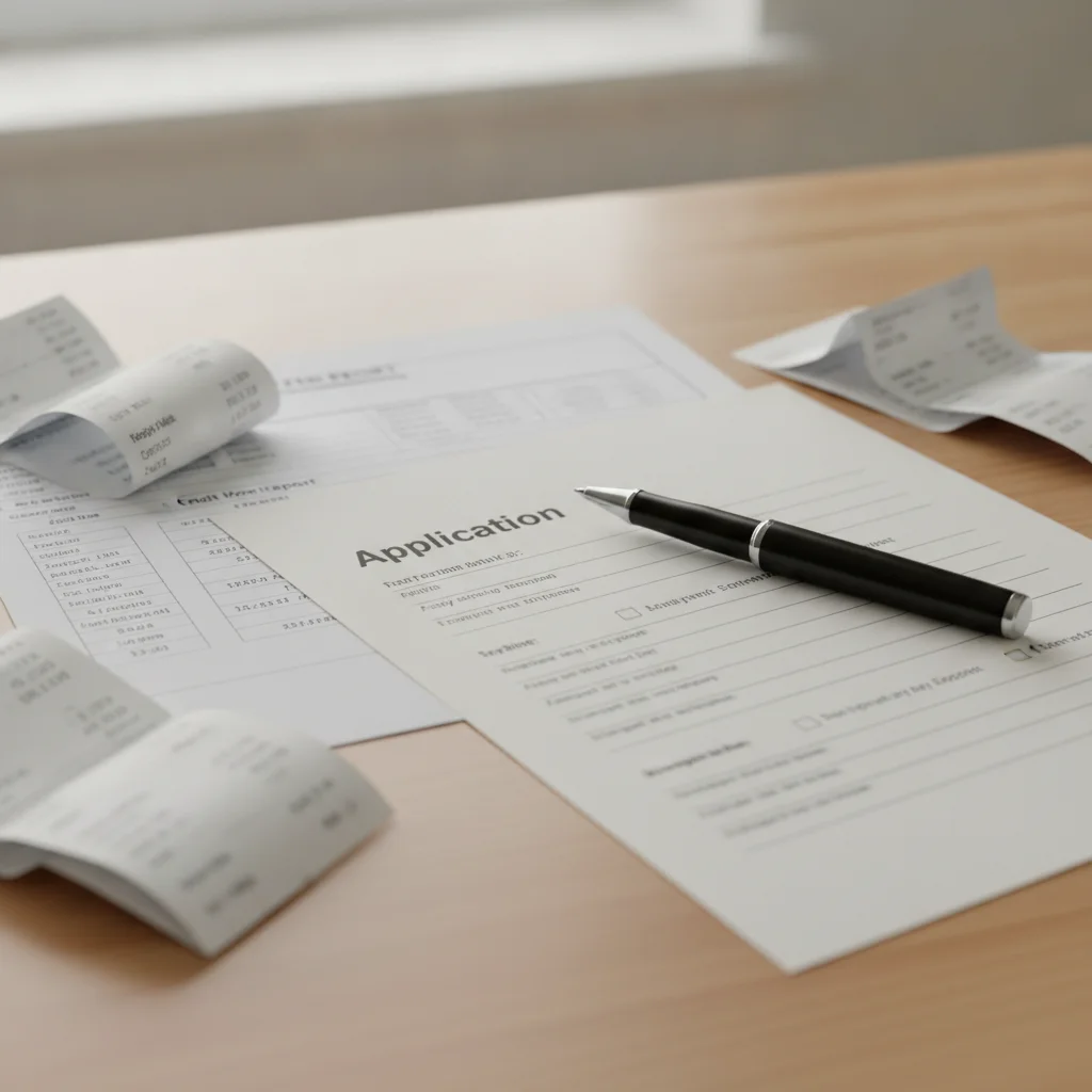 Loan application form on a desk with pay stubs and credit report documents nearby