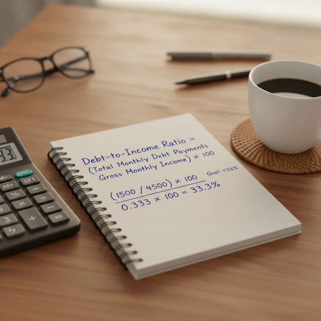 Handwritten debt-to-income ratio calculation on a notepad next to a calculator