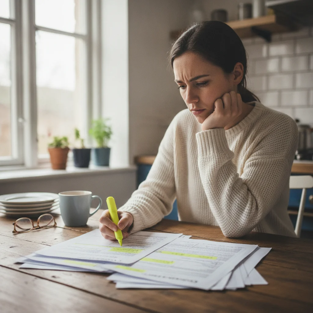Person reviewing printed credit report pages at a kitchen table with a highlighter