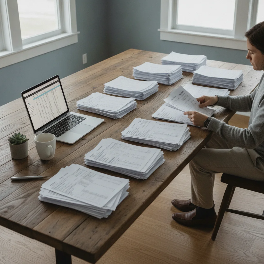 Person organizing financial documents at a desk with a laptop open to a spreadsheet